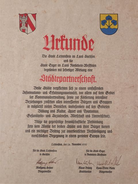 Städtepartnerschaftsurkunde Lichtenstein/Sa. - Stadt Enger